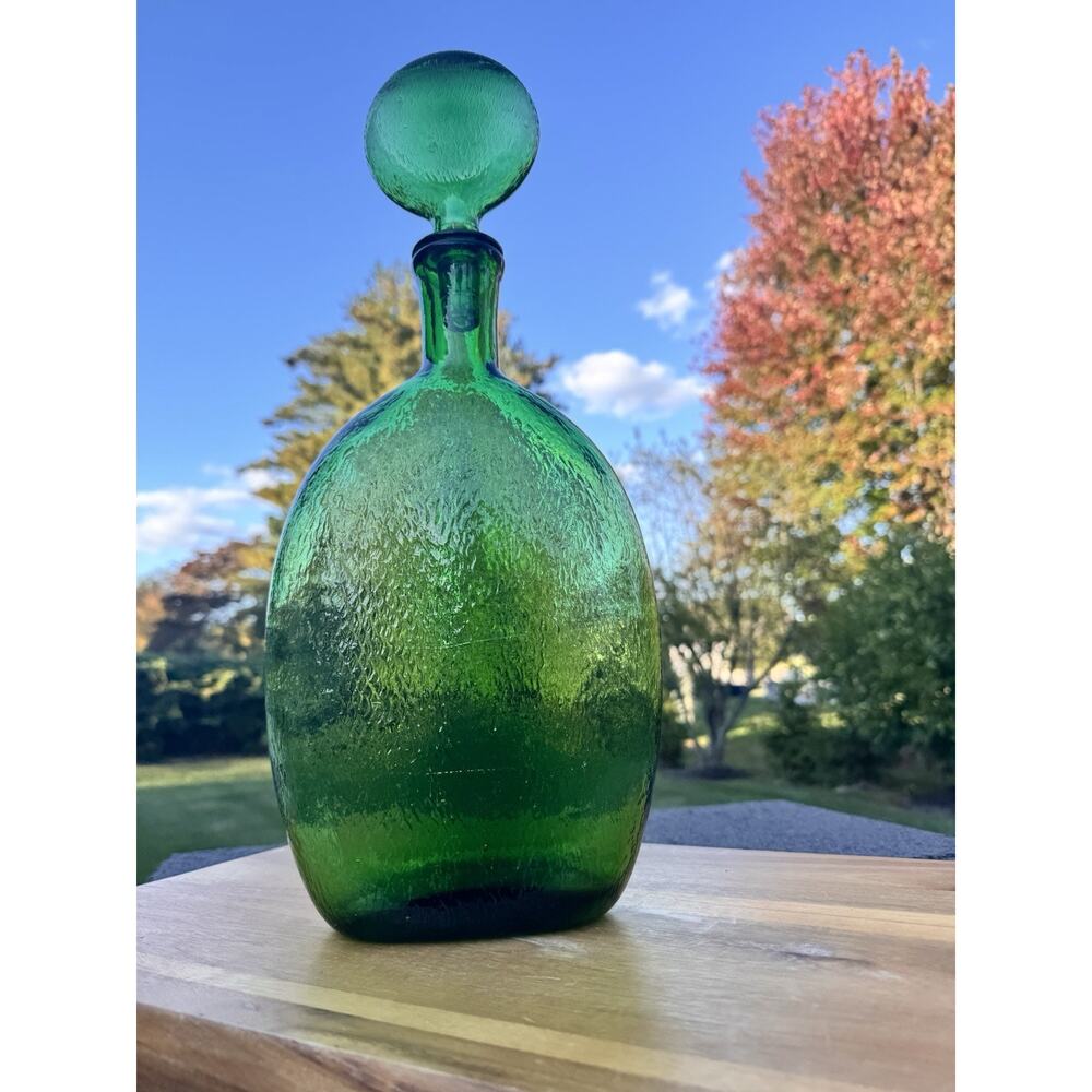 Mid Century Empoli Green Glass Decanter Bottle Genie Bottle – Italy, 18” Tall